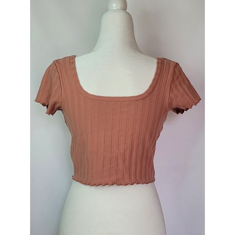 Offline by Aerie Terra Cotta Ribbed Crop Top Size L Square Neckline Lettuce Edge - Picture 3 of 10